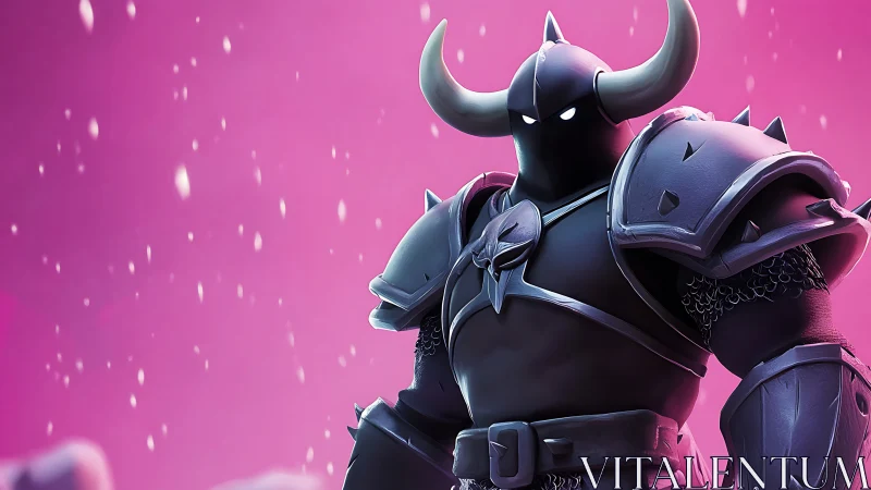 Horned black knight in stylized armor under pink snowfall