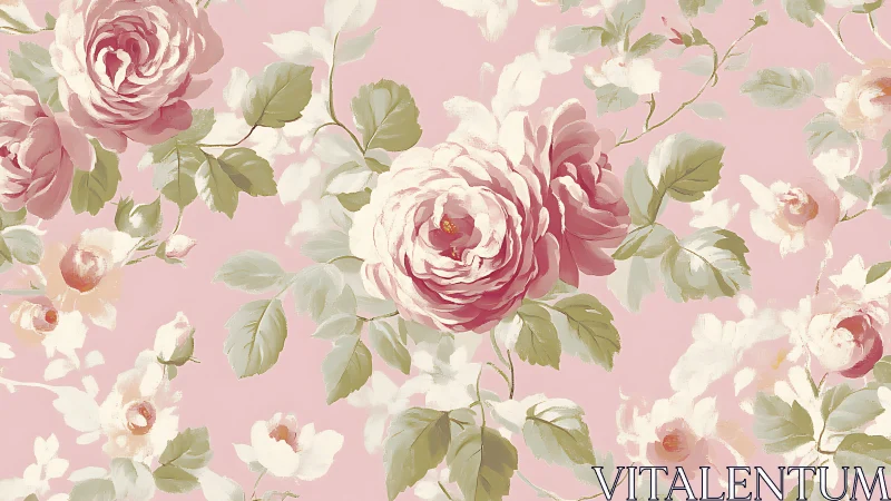 Soft pink roses bloom across vintage floral wallpaper.
