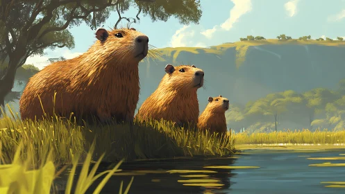 Capybara trio watch riverside plateau under soft sunlight.