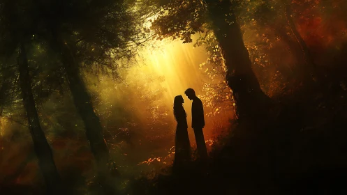 Golden Silhouette Encounter in Autumn Forest.