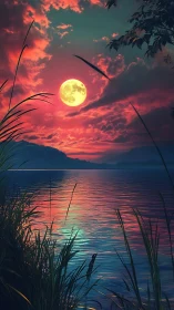 Digital painting of lunar dusk over reflective lakeshore reeds.
