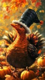 Anthropomorphic bird in autumn setting with formal attire.