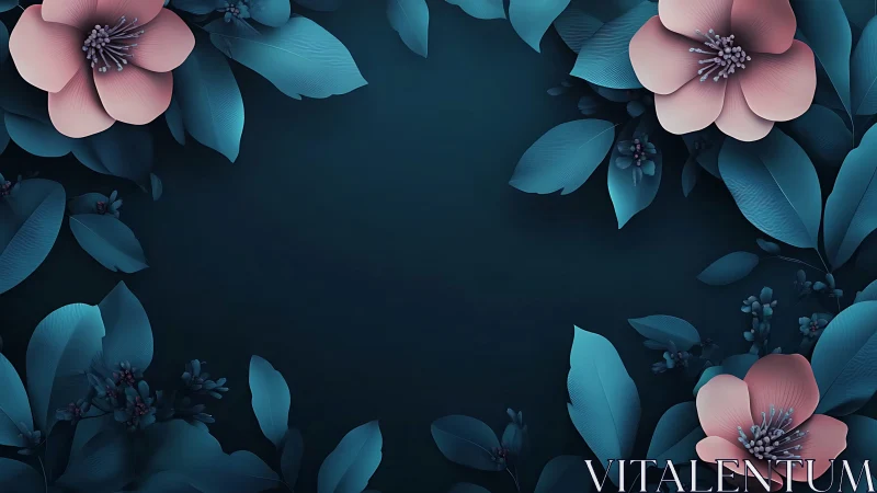 Pink flowers with teal leaves on dark navy background composition
