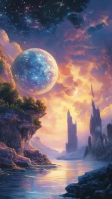 Alien river valley under glowing planets and starry sky.