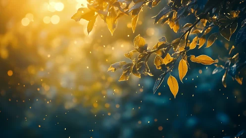 Sunlit autumn leaves on branch with glowing bokeh background.