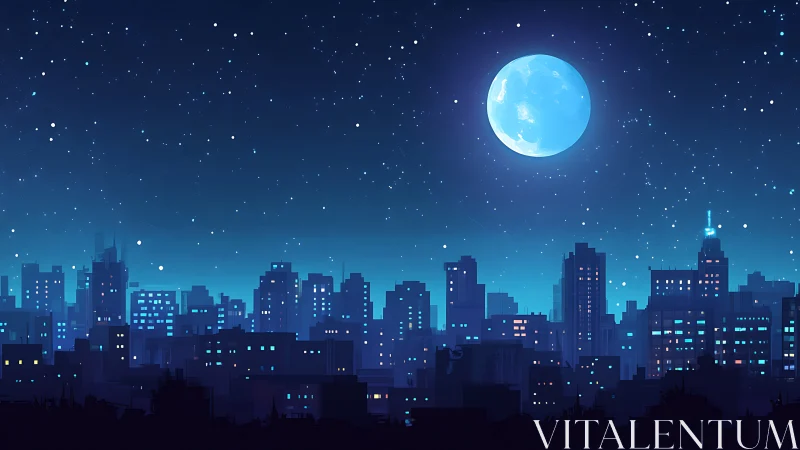 Digital night city skyline under luminous full moonscape.
