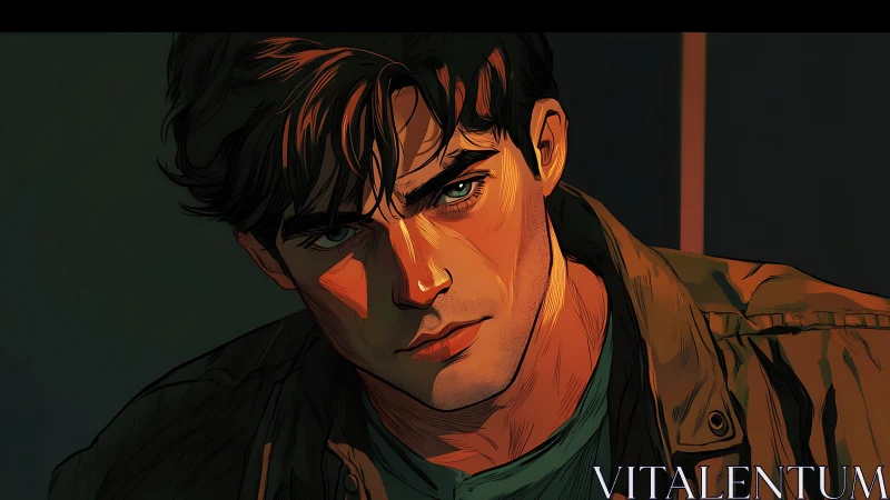 Brooding young man in dramatic orange-green lighting portrait.