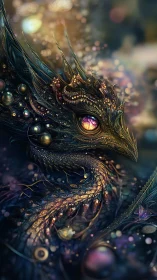 Gilded starlight dragon coils through jeweled cosmic mist.