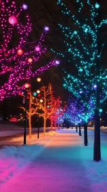 Photorealistic winter alley with neon-lit ornamental trees.