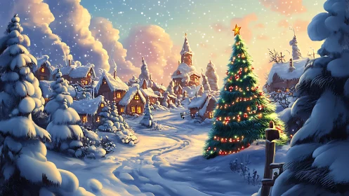 Snowlit village square with glowing Christmas tree centerpiece.