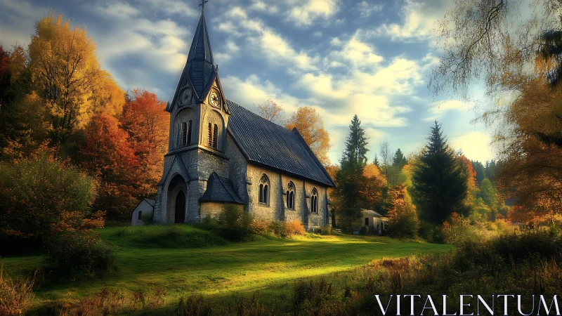 Digital pastoral church in autumnal forest landscape composition.