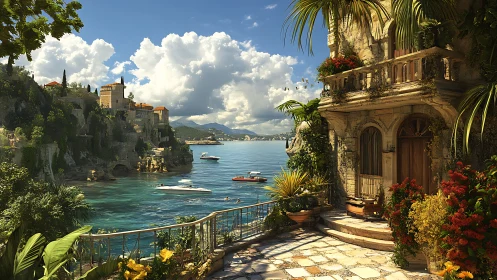 Mediterranean cliffside villa balcony above turquoise bay.