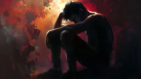 Silhouetted man seated in introspective pose amid red light.