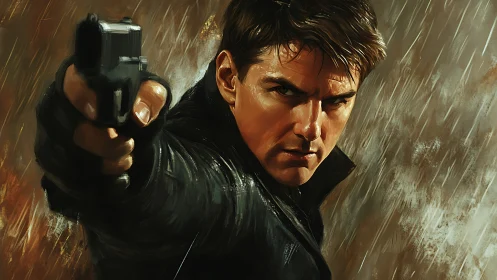 Gunman aims pistol forward under heavy slanting rain