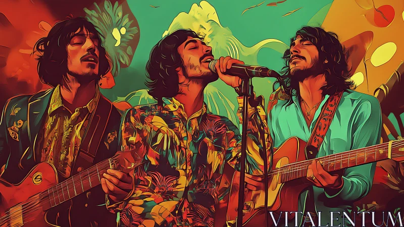 Psychedelic trio portrait with guitars in stylized concert tableau.