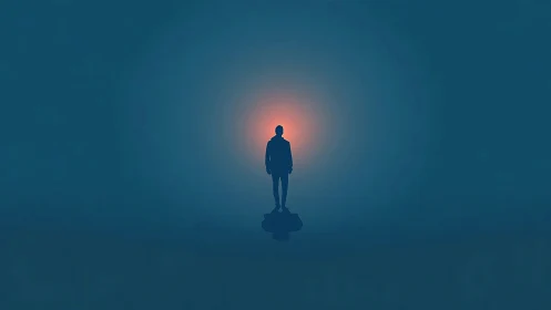 Solitary human silhouette stands against centered backlight