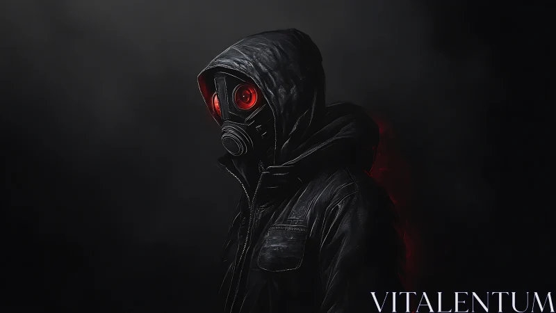 Hooded figure in gas mask glows with ominous red eyes.