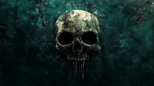 Weathered human skull on textured dark teal background.