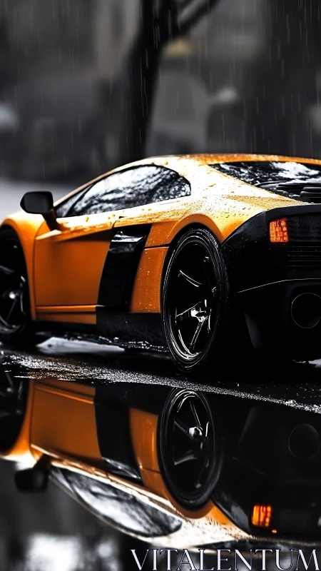 Orange supercar reflected in rain-soaked urban street scene.
