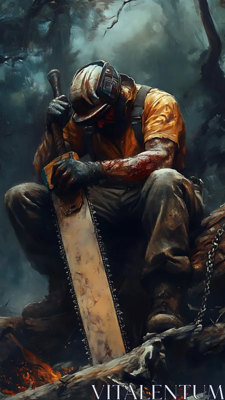 Exhausted lumberjack with chainsaw rests amid scorched forest