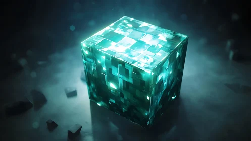 Luminous teal crystal cube with pixelated geometric facets.