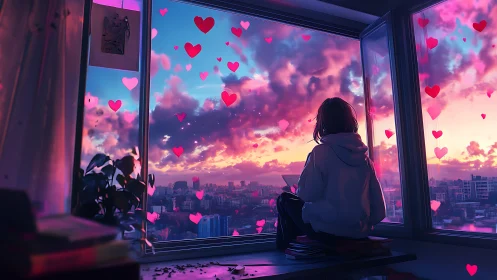 Solo observer at panoramic window in chromatic heartfield.