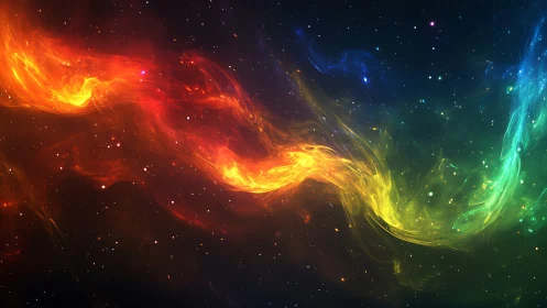 Multicolored nebula-like light streaks in deep space field.