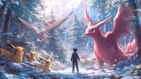 Trainer confronts elemental beasts in snowlit forest pass.