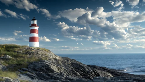 Striped lighthouse positioned on rocky coastal promontory.