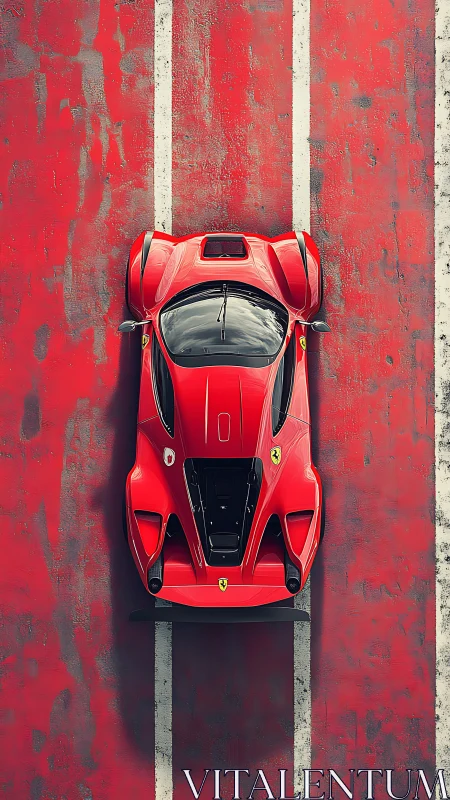Aerial view isolates red supercar within distressed red lane