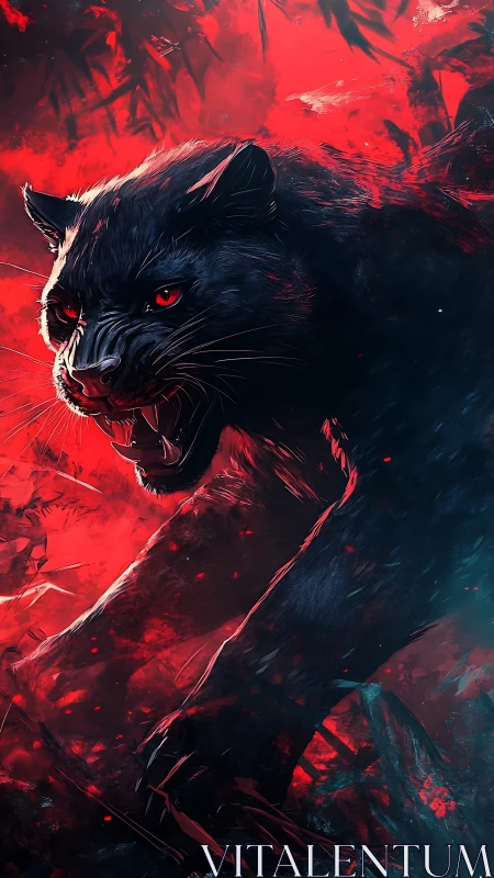 Predatory black panther lunges through crimson jungle haze.