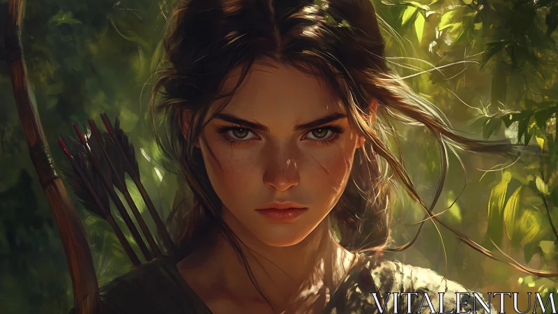 Fierce forest huntress stares ahead with unwavering resolve