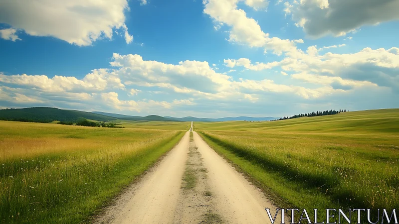 Endless country road slicing through sunlit summer meadows.