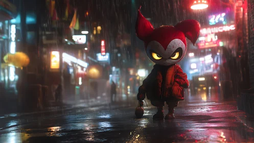 Small masked character stands in wet neon city street at night