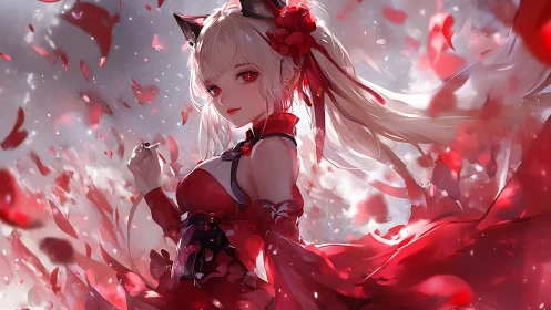 Crimson petals swirling around fox-eared anime heroine.