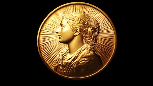 Golden commemorative coin with classical woman profile, radiant style.