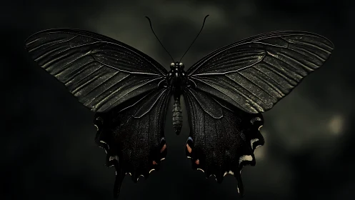 Dark-winged butterfly rests in dramatic low-key light