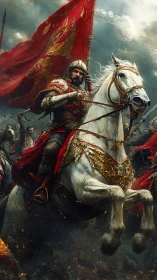 Armored medieval warlord on rearing destrier in fiery charge