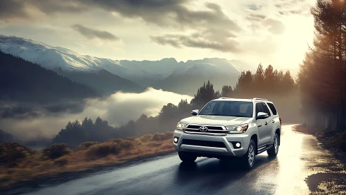 Adventurous silver SUV chasing dawn through misty peaks.
