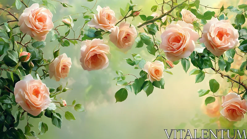 Soft peach roses on leafy garden branches in bloom.