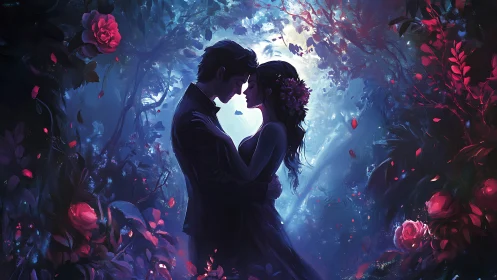 Silhouetted couple embraced amidst luminous botanical garden.