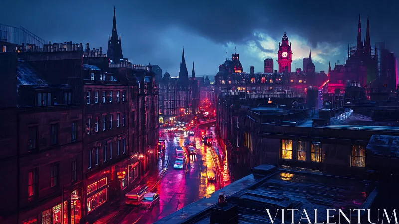 Neon rain streaks through a moody cyberpunk city street.