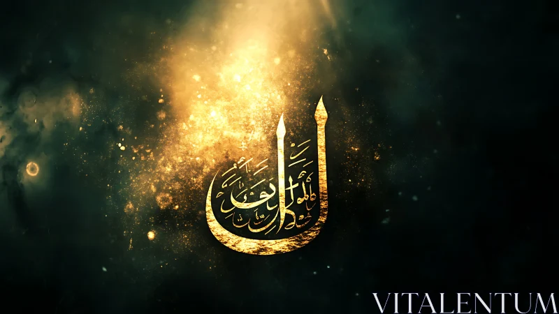 Golden Arabic calligraphy against dark cosmic field.