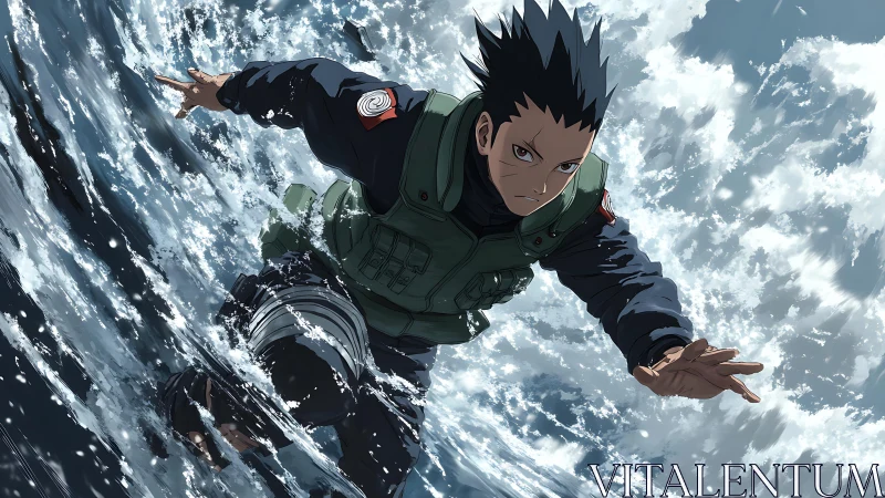 Ninja fighter skimming across turbulent ocean water.