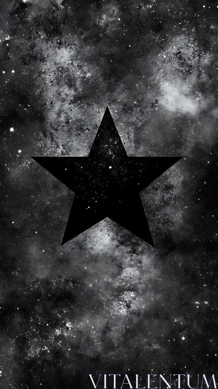 Black five-pointed star silhouette over dense starfield.