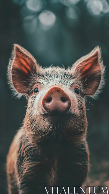 Shallow-depth portrait of young pig with high-contrast fur detail