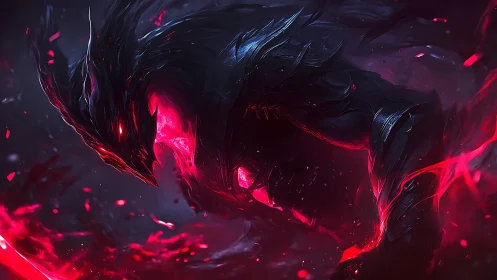 Digital painting of infernal void entity in crimson motion.