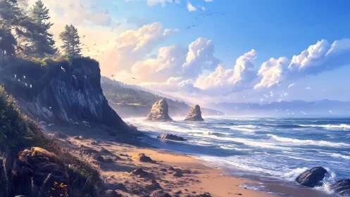 Rocky coastal shoreline with waves, clouds and forested cliffs.