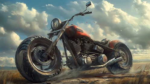 Powerful red motorcycle resting under wide open skies.