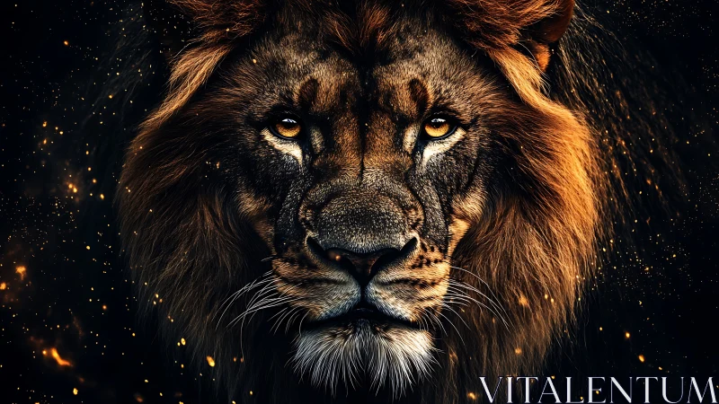 Hyperreal lion portrait isolates regal head in ember-lit void